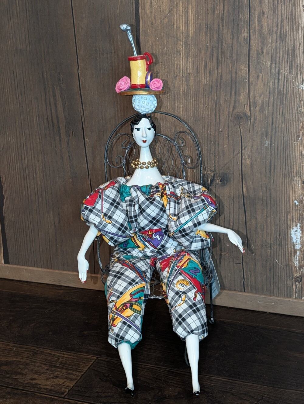 Vintage Poupees by Isabelle Art Doll Golf Theme Plaid Outfit with Wire Chair Tag